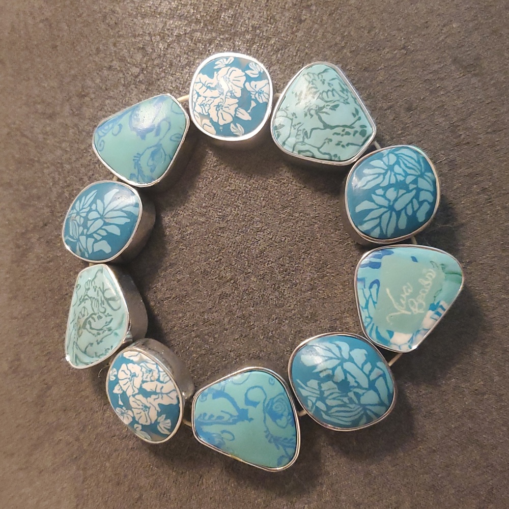 Viva Beads Turquoise Floral Tile Bracelet | Silver Tone Statement | Boho Coastal - Picture 5 of 8